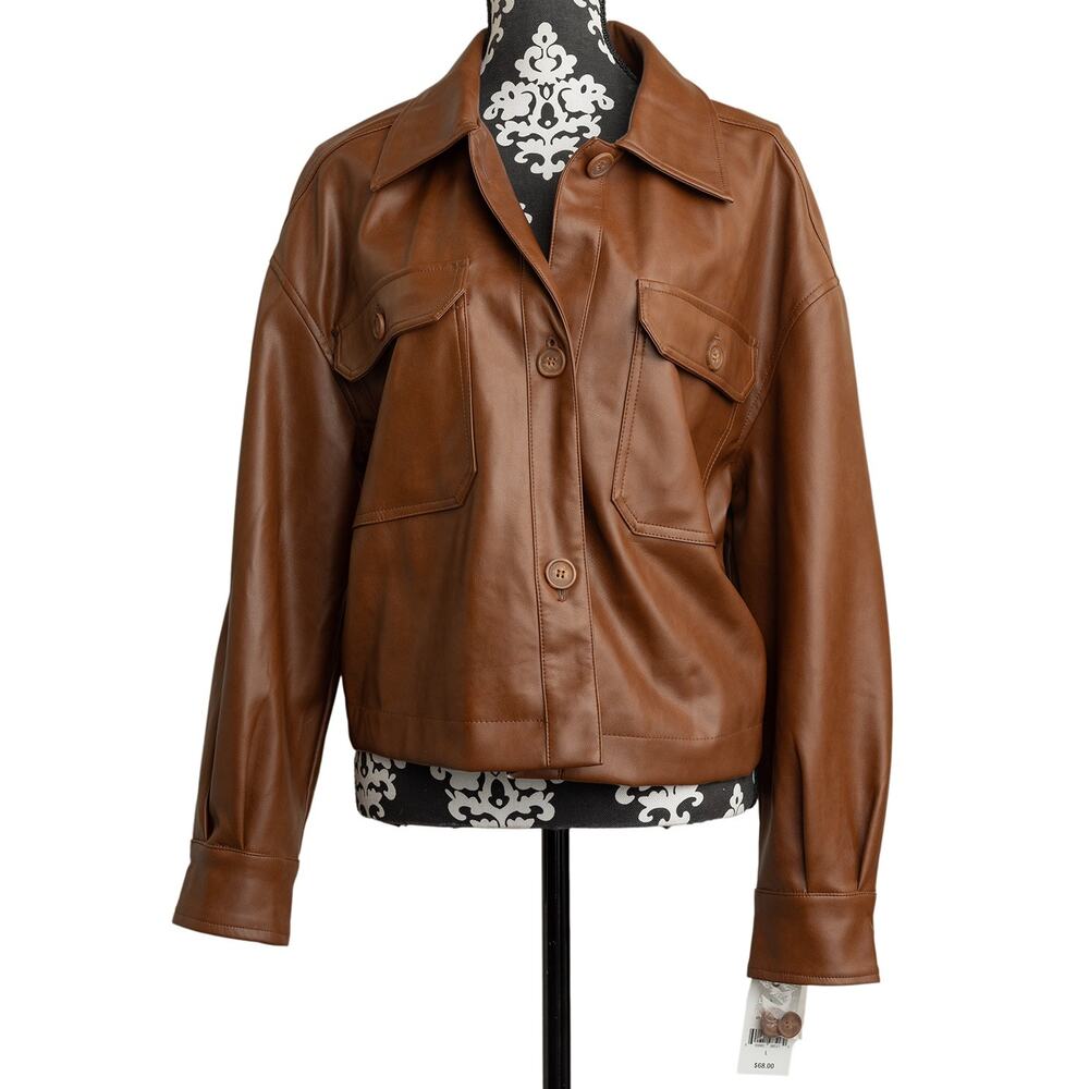 Women's NWT Ophelia Roe Button Up Brown Vegan Leather Cropped Utility Jacket - L